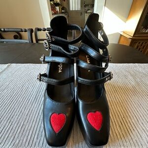 Lamoda Black Leather Mary Jane Heels with Red Heart Patch